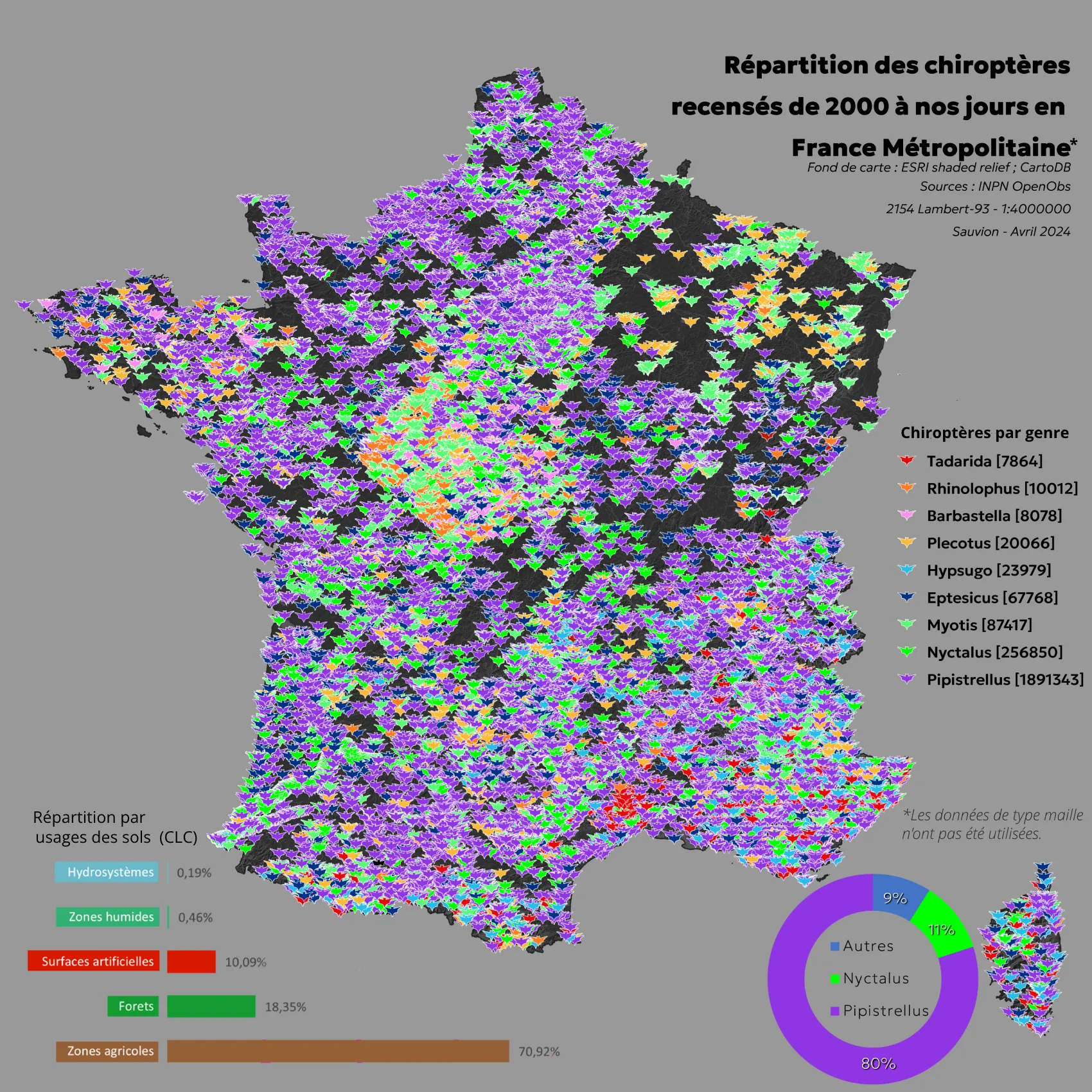 Représentation de la France métropolitaine avec des points représentant le recensement de chiroptères.